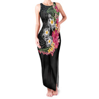 Hawaiian Tropical Flowers and Tribal Turtles Family Matching Tank Maxi Dress and Hawaiian Shirt Polynesian Art Motifs Black Color LT03 Mom's Dress Black - Polynesian Pride