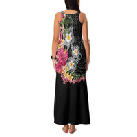 Hawaiian Tropical Flowers and Tribal Turtles Family Matching Tank Maxi Dress and Hawaiian Shirt Polynesian Art Motifs Black Color LT03 - Polynesian Pride