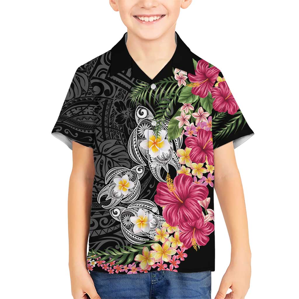 Hawaiian Tropical Flowers and Tribal Turtles Family Matching Tank Maxi Dress and Hawaiian Shirt Polynesian Art Motifs Black Color LT03 Son's Shirt Black - Polynesian Pride
