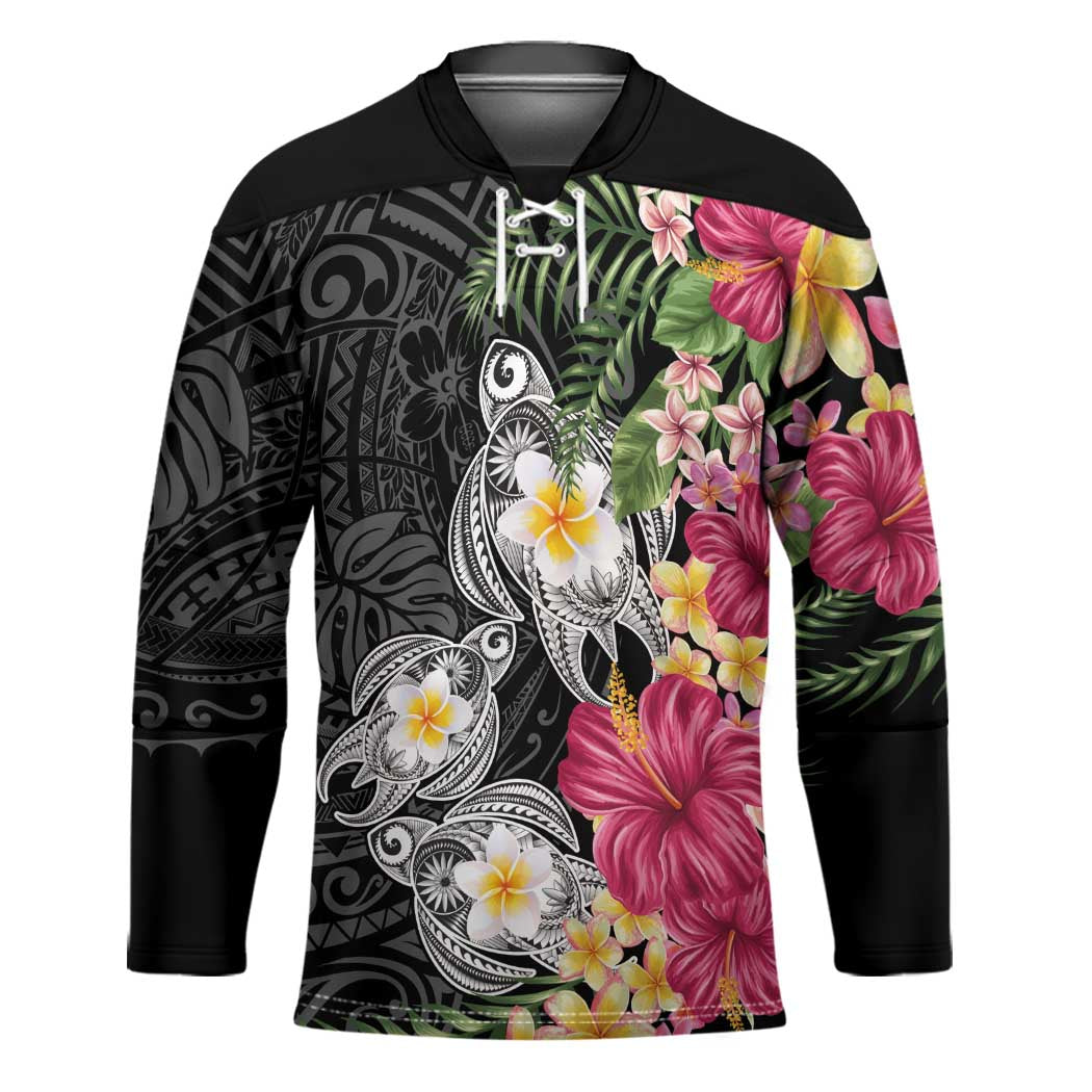 Hawaiian Tropical Flowers and Tribal Turtles Hockey Jersey Polynesian Art Motifs Black Color LT03 Unisex Black - Polynesian Pride