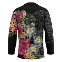 Hawaiian Tropical Flowers and Tribal Turtles Hockey Jersey Polynesian Art Motifs Black Color LT03 - Polynesian Pride