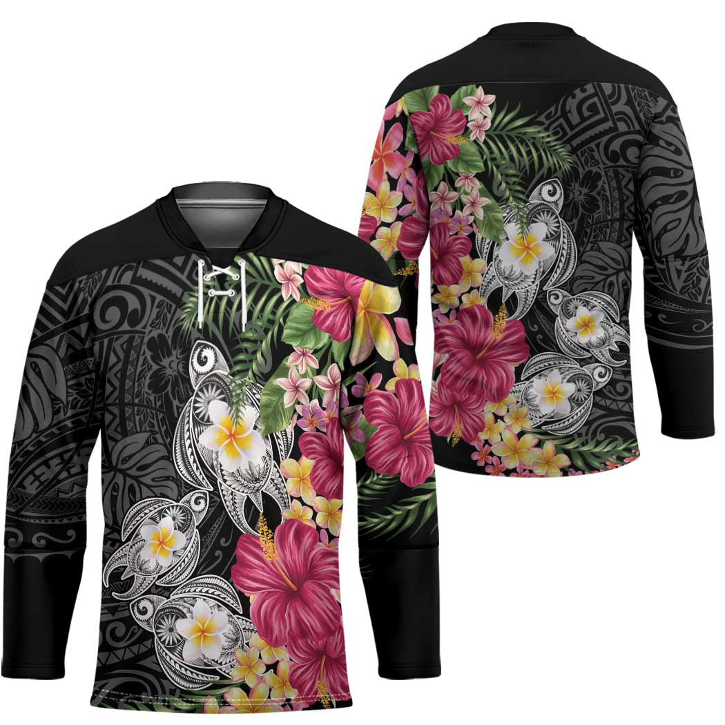 Hawaiian Tropical Flowers and Tribal Turtles Hockey Jersey Polynesian Art Motifs Black Color LT03 - Polynesian Pride