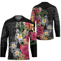Hawaiian Tropical Flowers and Tribal Turtles Hockey Jersey Polynesian Art Motifs Black Color LT03 - Polynesian Pride