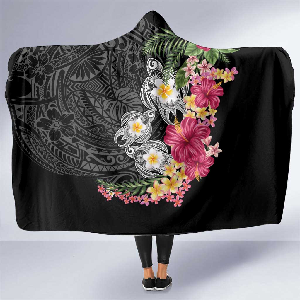 Hawaiian Tropical Flowers and Tribal Turtles Hooded Blanket Polynesian Art Motifs Black Color LT03 One Size Black - Polynesian Pride
