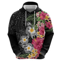 Hawaiian Tropical Flowers and Tribal Turtles Hoodie Polynesian Art Motifs Black Color LT03 - Polynesian Pride
