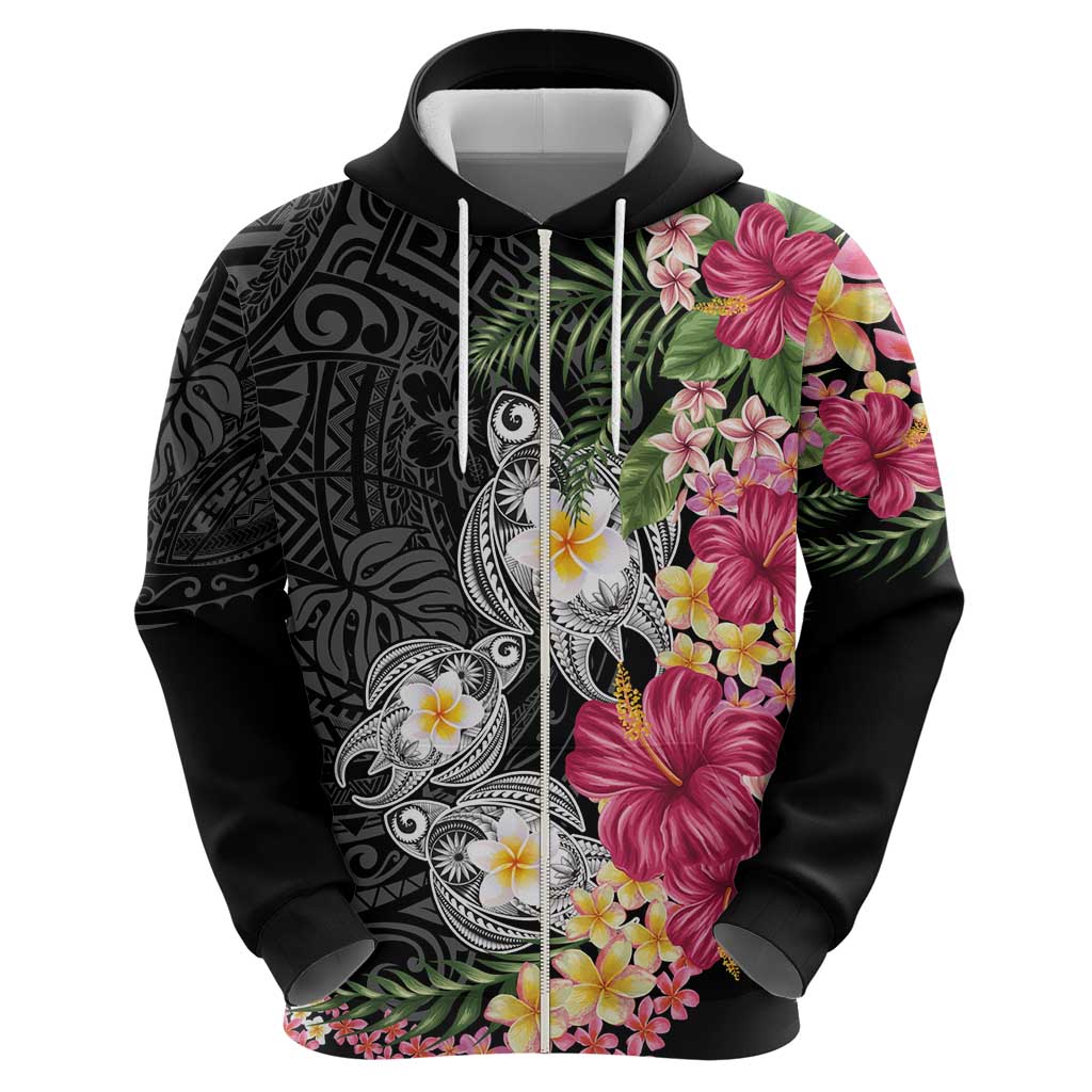 Hawaiian Tropical Flowers and Tribal Turtles Hoodie Polynesian Art Motifs Black Color LT03 - Polynesian Pride