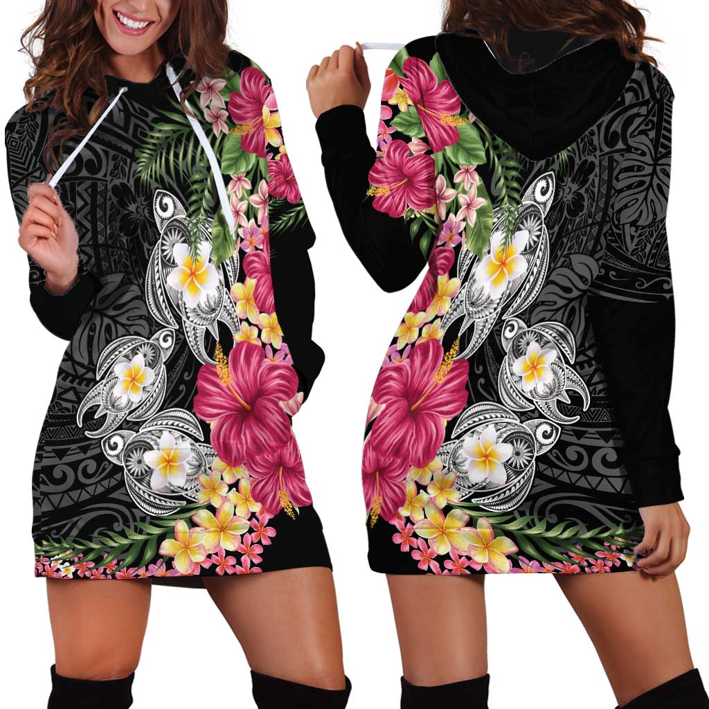 Hawaiian Tropical Flowers and Tribal Turtles Hoodie Dress Polynesian Art Motifs Black Color LT03 - Polynesian Pride
