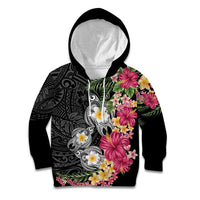 Hawaiian Tropical Flowers and Tribal Turtles Kid Hoodie Polynesian Art Motifs Black Color LT03 Hoodie Black - Polynesian Pride