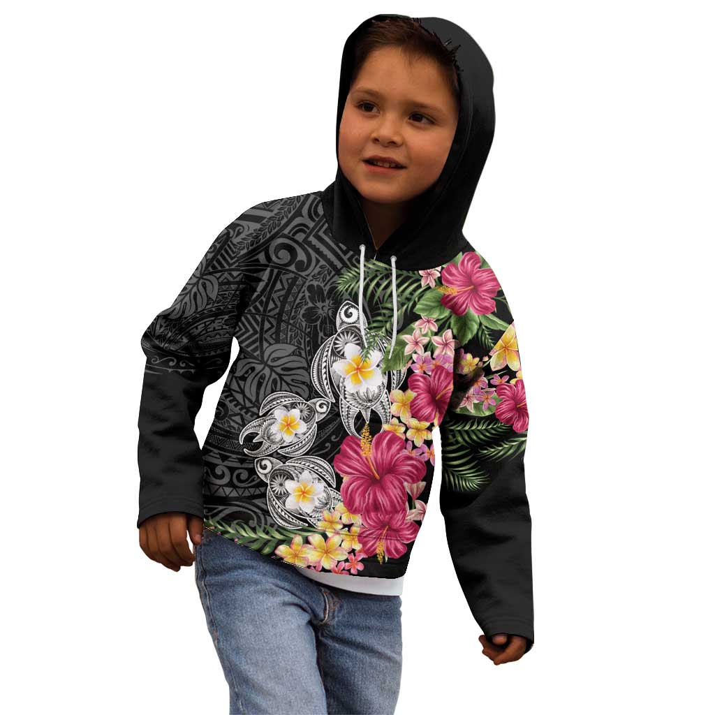 Hawaiian Tropical Flowers and Tribal Turtles Kid Hoodie Polynesian Art Motifs Black Color LT03 - Polynesian Pride