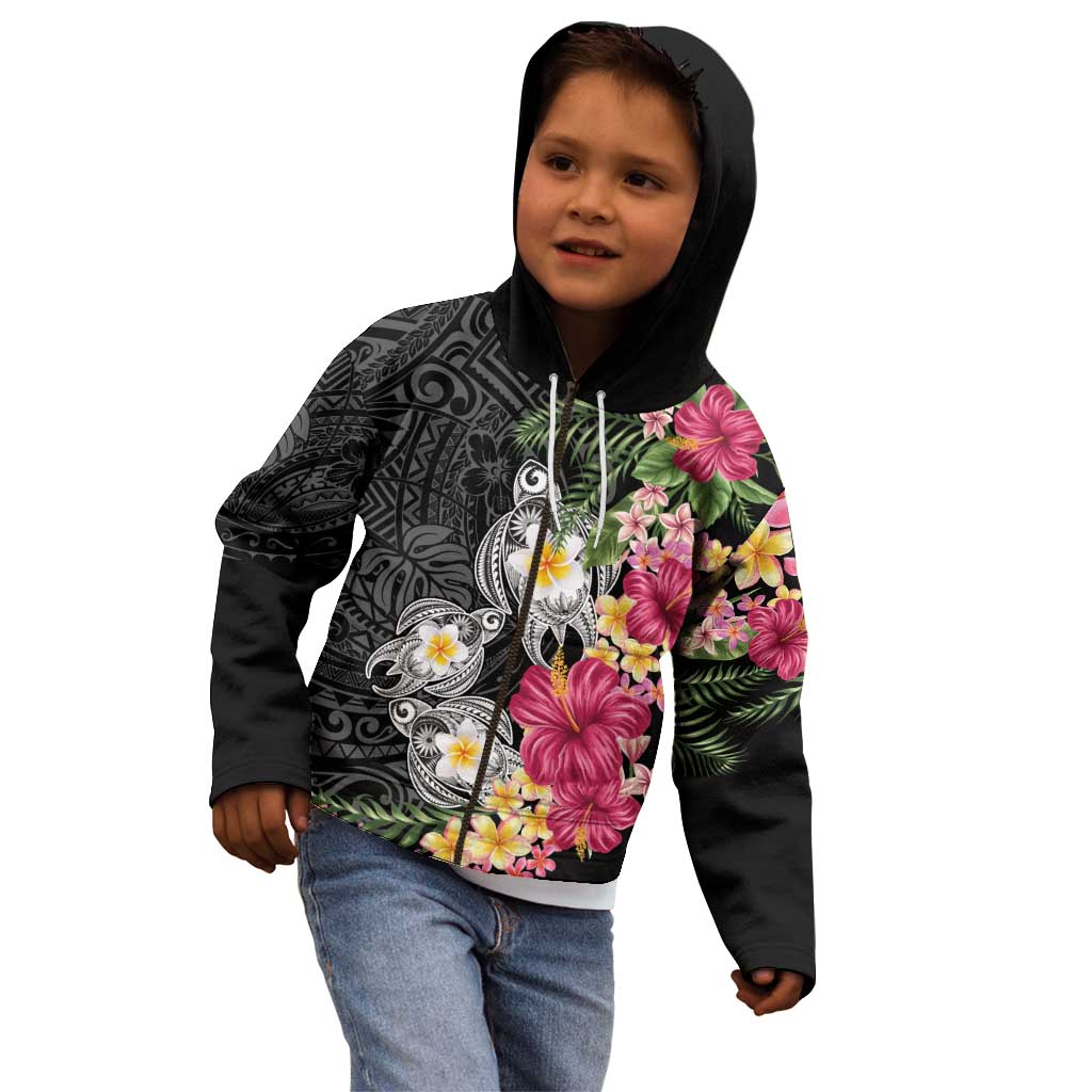 Hawaiian Tropical Flowers and Tribal Turtles Kid Hoodie Polynesian Art Motifs Black Color LT03 - Polynesian Pride