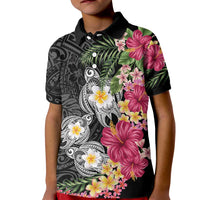 Hawaiian Tropical Flowers and Tribal Turtles Kid Polo Shirt Polynesian Art Motifs Black Color LT03 Kid Black - Polynesian Pride