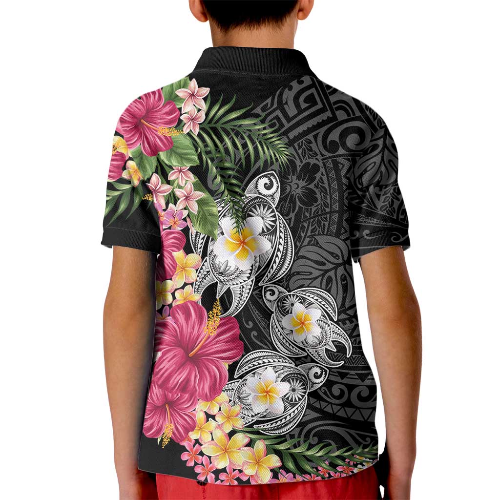 Hawaiian Tropical Flowers and Tribal Turtles Kid Polo Shirt Polynesian Art Motifs Black Color LT03 - Polynesian Pride