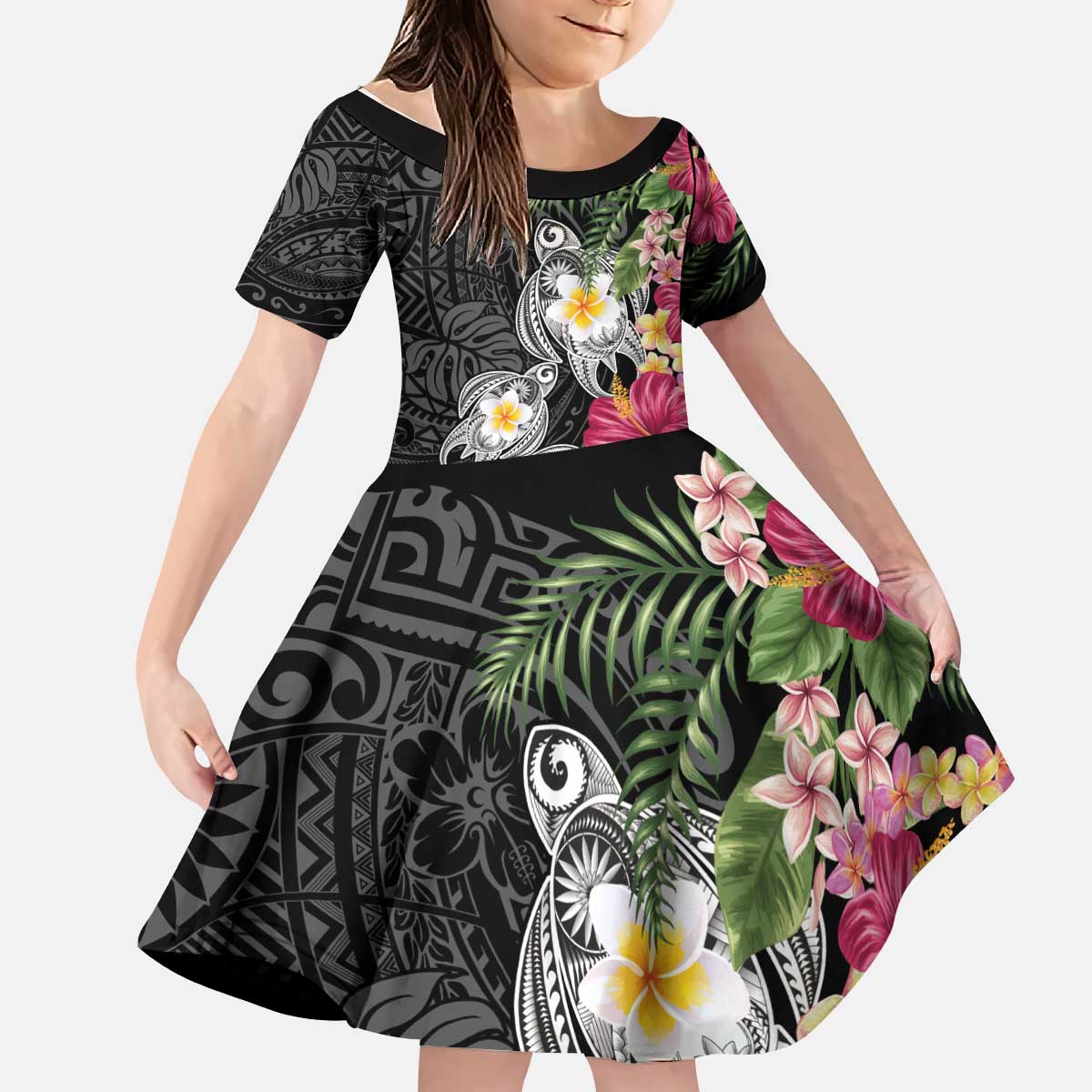 Hawaiian Tropical Flowers and Tribal Turtles Kid Short Sleeve Dress Polynesian Art Motifs Black Color LT03 KID Black - Polynesian Pride