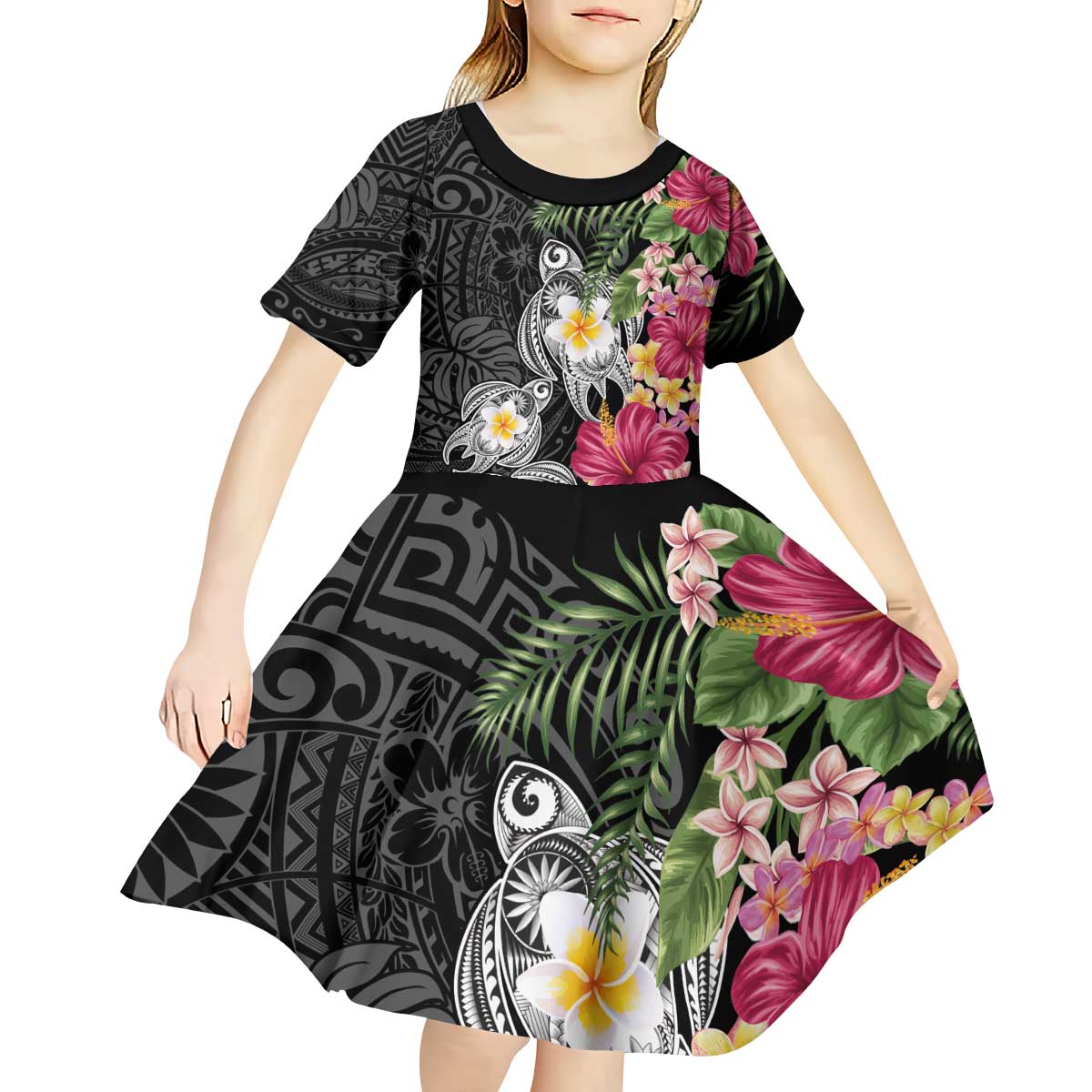 Hawaiian Tropical Flowers and Tribal Turtles Kid Short Sleeve Dress Polynesian Art Motifs Black Color LT03 - Polynesian Pride