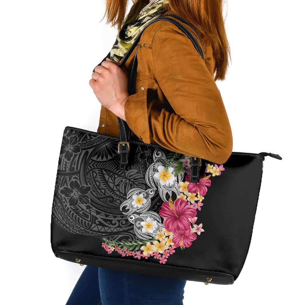 Hawaiian Tropical Flowers and Tribal Turtles Leather Tote Bag Polynesian Art Motifs Black Color LT03 Black - Polynesian Pride