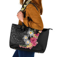Hawaiian Tropical Flowers and Tribal Turtles Leather Tote Bag Polynesian Art Motifs Black Color LT03 Black - Polynesian Pride