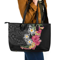 Hawaiian Tropical Flowers and Tribal Turtles Leather Tote Bag Polynesian Art Motifs Black Color LT03 - Polynesian Pride