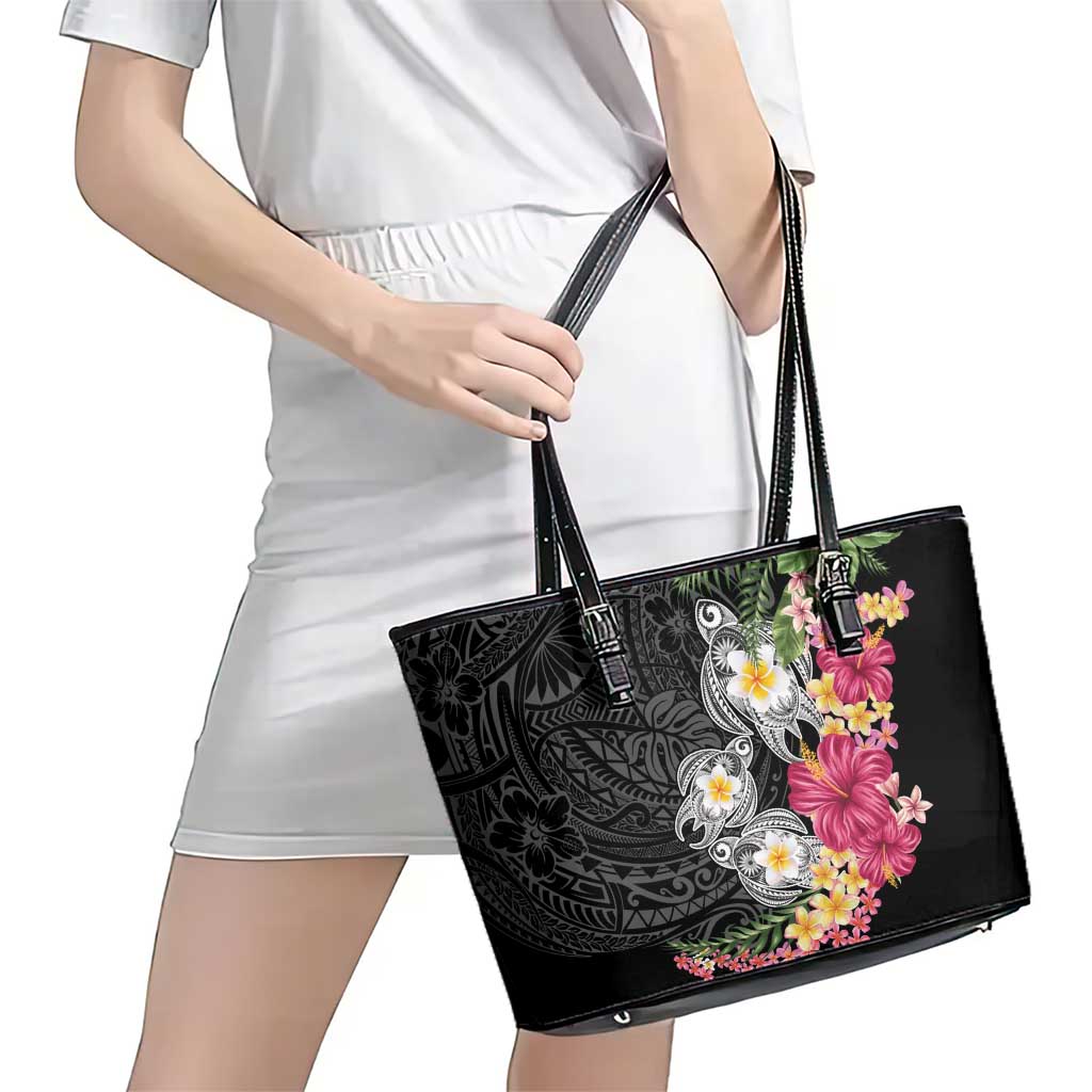 Hawaiian Tropical Flowers and Tribal Turtles Leather Tote Bag Polynesian Art Motifs Black Color LT03 - Polynesian Pride