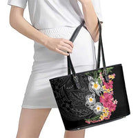 Hawaiian Tropical Flowers and Tribal Turtles Leather Tote Bag Polynesian Art Motifs Black Color LT03 - Polynesian Pride
