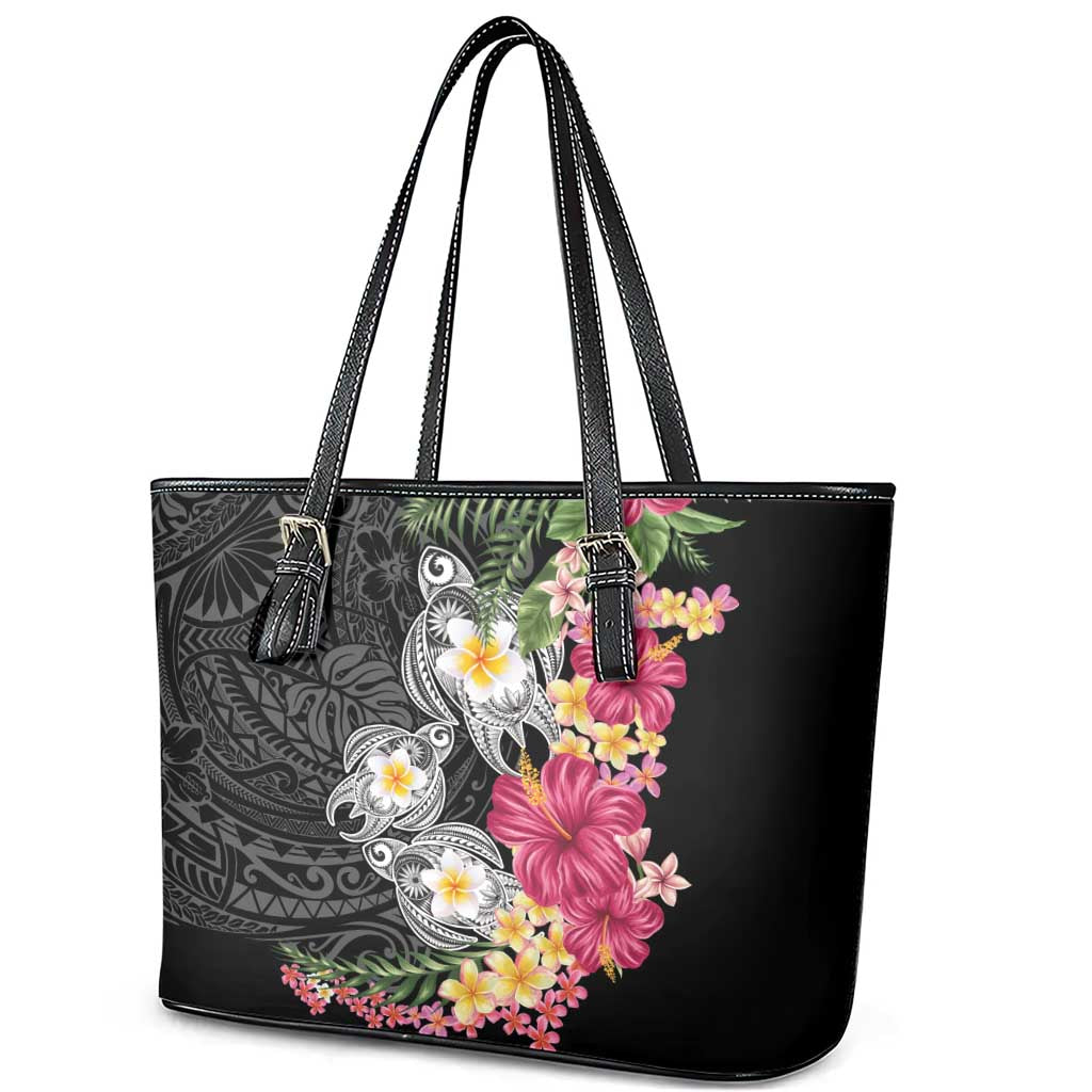 Hawaiian Tropical Flowers and Tribal Turtles Leather Tote Bag Polynesian Art Motifs Black Color LT03 - Polynesian Pride