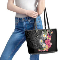 Hawaiian Tropical Flowers and Tribal Turtles Leather Tote Bag Polynesian Art Motifs Black Color LT03 - Polynesian Pride