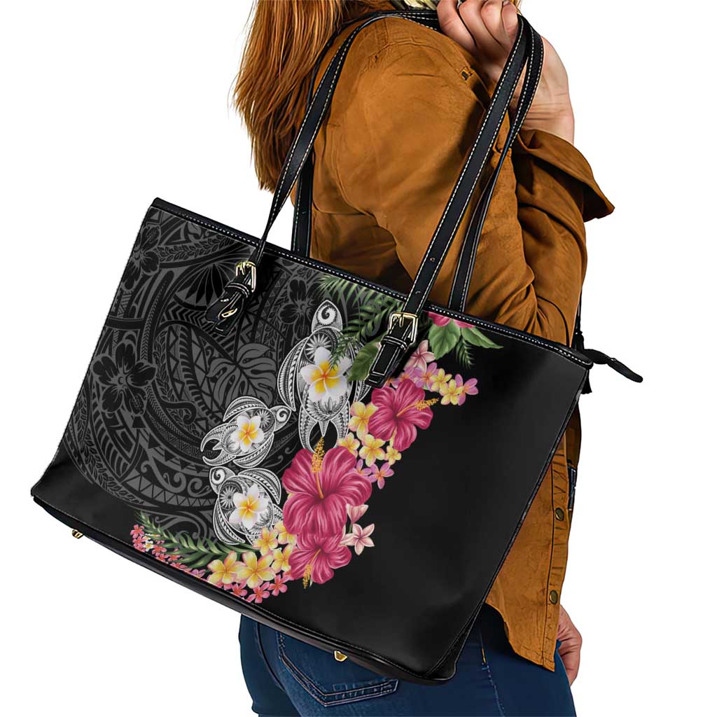 Hawaiian Tropical Flowers and Tribal Turtles Leather Tote Bag Polynesian Art Motifs Black Color LT03 - Polynesian Pride