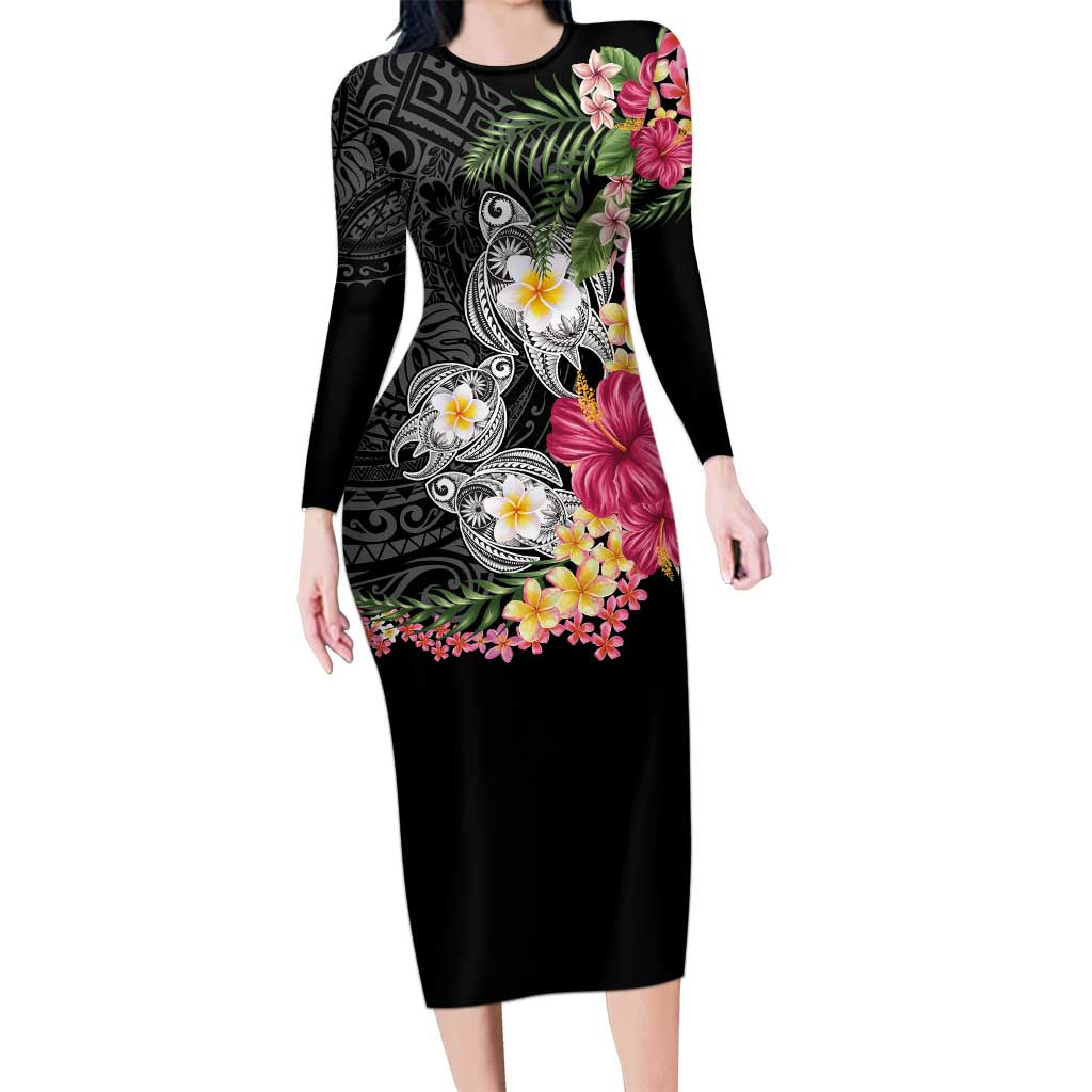 Hawaiian Tropical Flowers and Tribal Turtles Long Sleeve Bodycon Dress Polynesian Art Motifs Black Color LT03 Long Dress Black - Polynesian Pride