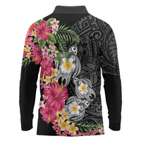 Hawaiian Tropical Flowers and Tribal Turtles Long Sleeve Polo Shirt Polynesian Art Motifs Black Color LT03 - Polynesian Pride