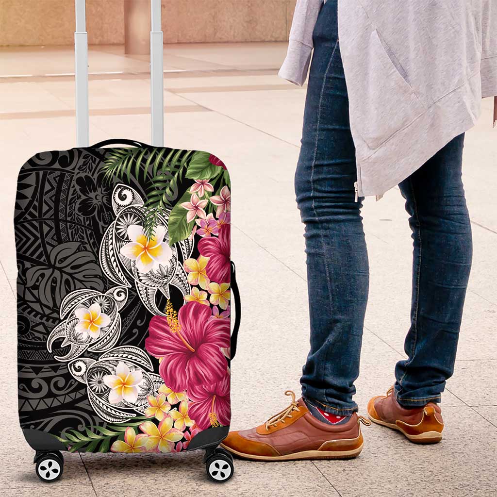 Hawaiian Tropical Flowers and Tribal Turtles Luggage Cover Polynesian Art Motifs Black Color LT03 Black - Polynesian Pride