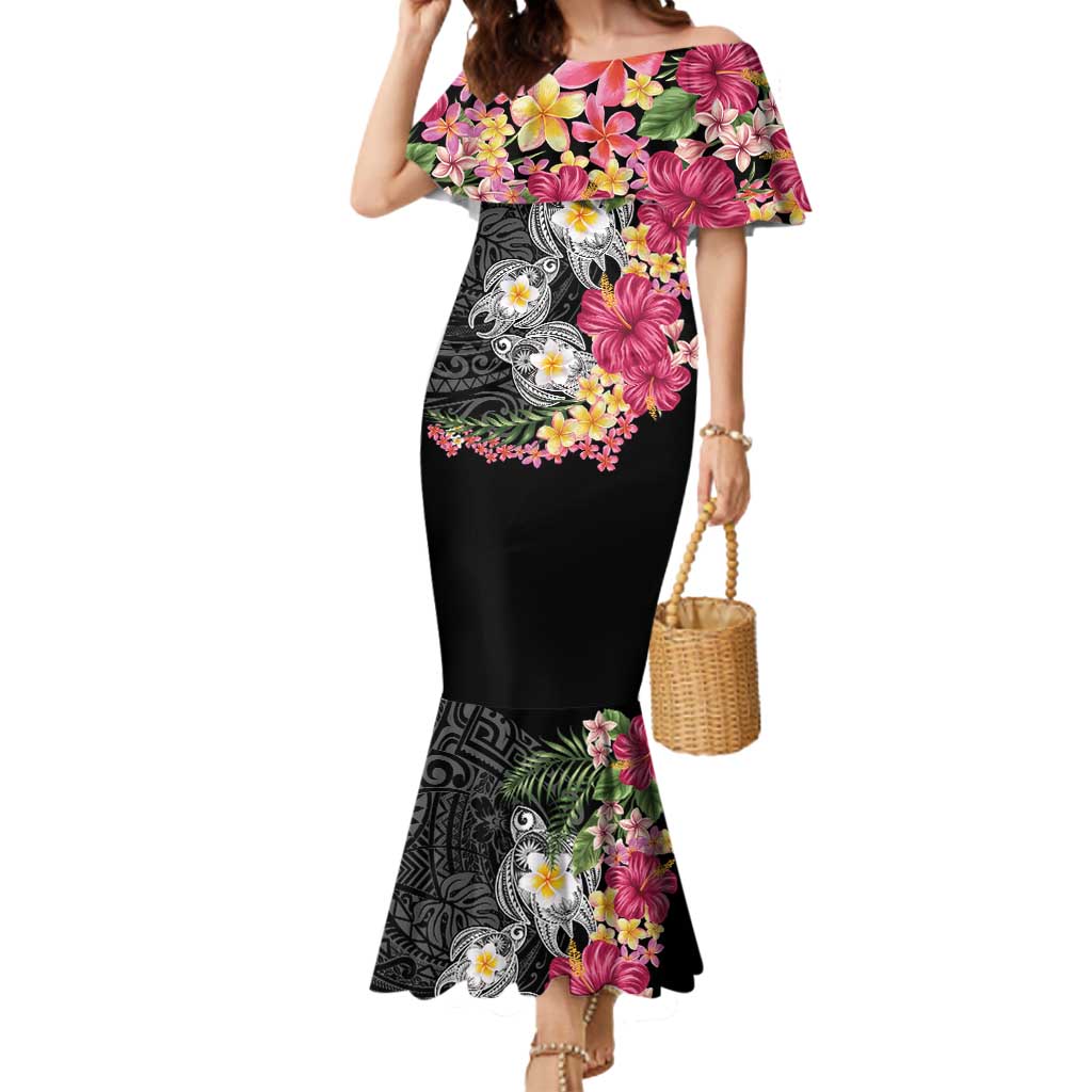 Hawaiian Tropical Flowers and Tribal Turtles Mermaid Dress Polynesian Art Motifs Black Color LT03 Women Black - Polynesian Pride