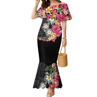 Hawaiian Tropical Flowers and Tribal Turtles Mermaid Dress Polynesian Art Motifs Black Color LT03 Women Black - Polynesian Pride