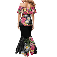 Hawaiian Tropical Flowers and Tribal Turtles Mermaid Dress Polynesian Art Motifs Black Color LT03 - Polynesian Pride