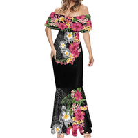 Hawaiian Tropical Flowers and Tribal Turtles Mermaid Dress Polynesian Art Motifs Black Color LT03 - Polynesian Pride