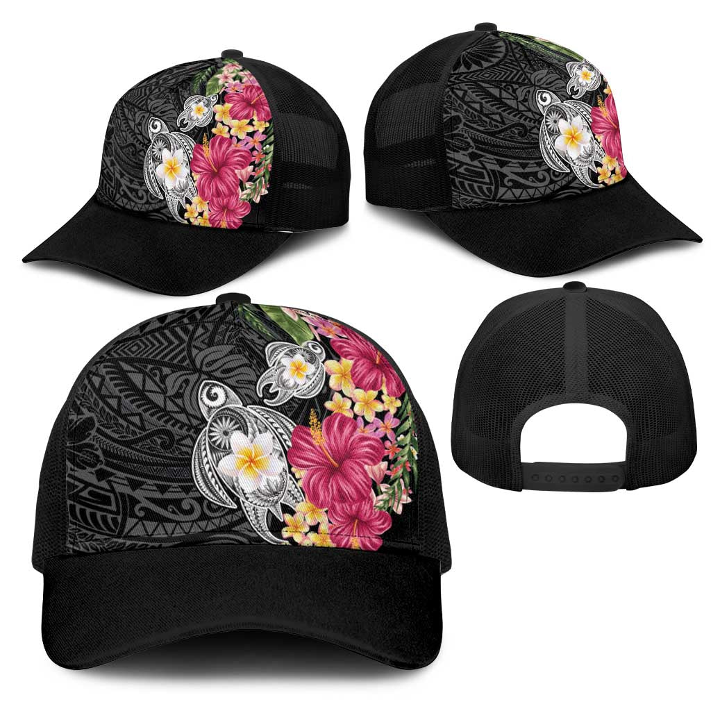 Hawaiian Tropical Flowers and Tribal Turtles Mesh Trucker Cap Polynesian Art Motifs Black Color - Polynesian Pride