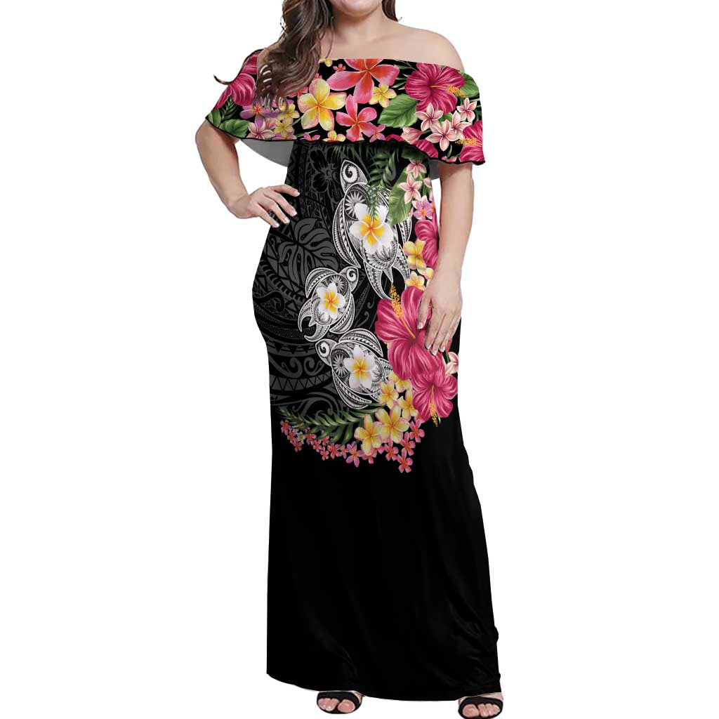 Hawaiian Tropical Flowers and Tribal Turtles Off Shoulder Maxi Dress Polynesian Art Motifs Black Color LT03 Women Black - Polynesian Pride