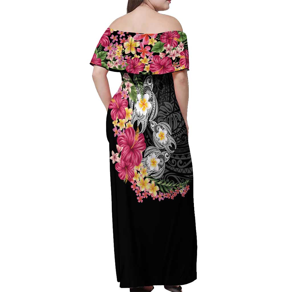 Hawaiian Tropical Flowers and Tribal Turtles Off Shoulder Maxi Dress Polynesian Art Motifs Black Color LT03 - Polynesian Pride