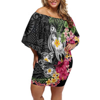Hawaiian Tropical Flowers and Tribal Turtles Off Shoulder Short Dress Polynesian Art Motifs Black Color LT03 Women Black - Polynesian Pride