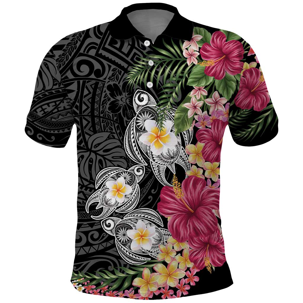 Hawaiian Tropical Flowers and Tribal Turtles Polo Shirt Polynesian Art Motifs Black Color LT03 Black - Polynesian Pride