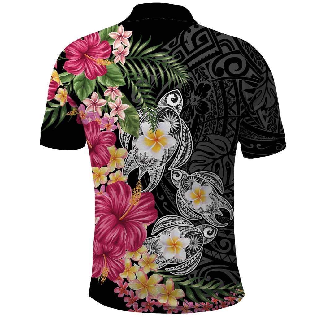 Hawaiian Tropical Flowers and Tribal Turtles Polo Shirt Polynesian Art Motifs Black Color LT03 - Polynesian Pride