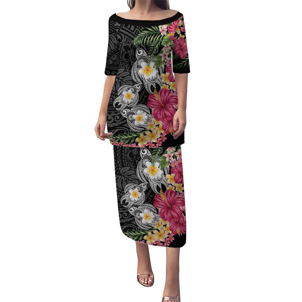 Hawaiian Tropical Flowers and Tribal Turtles Puletasi Polynesian Art Motifs Black Color - Polynesian Pride
