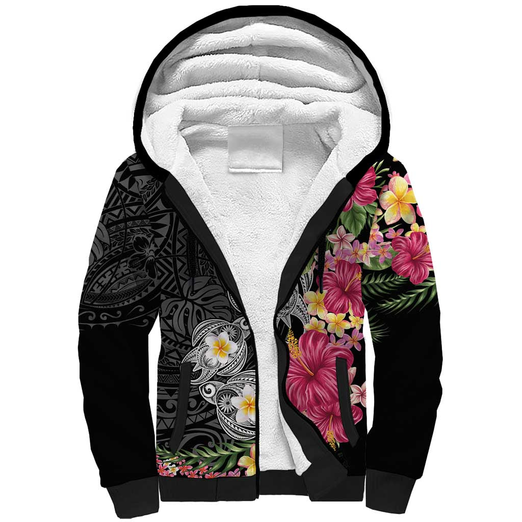 Hawaiian Tropical Flowers and Tribal Turtles Sherpa Hoodie Polynesian Art Motifs Black Color LT03 Unisex Black - Polynesian Pride