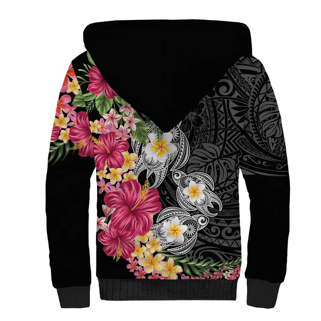 Hawaiian Tropical Flowers and Tribal Turtles Sherpa Hoodie Polynesian Art Motifs Black Color LT03 - Polynesian Pride