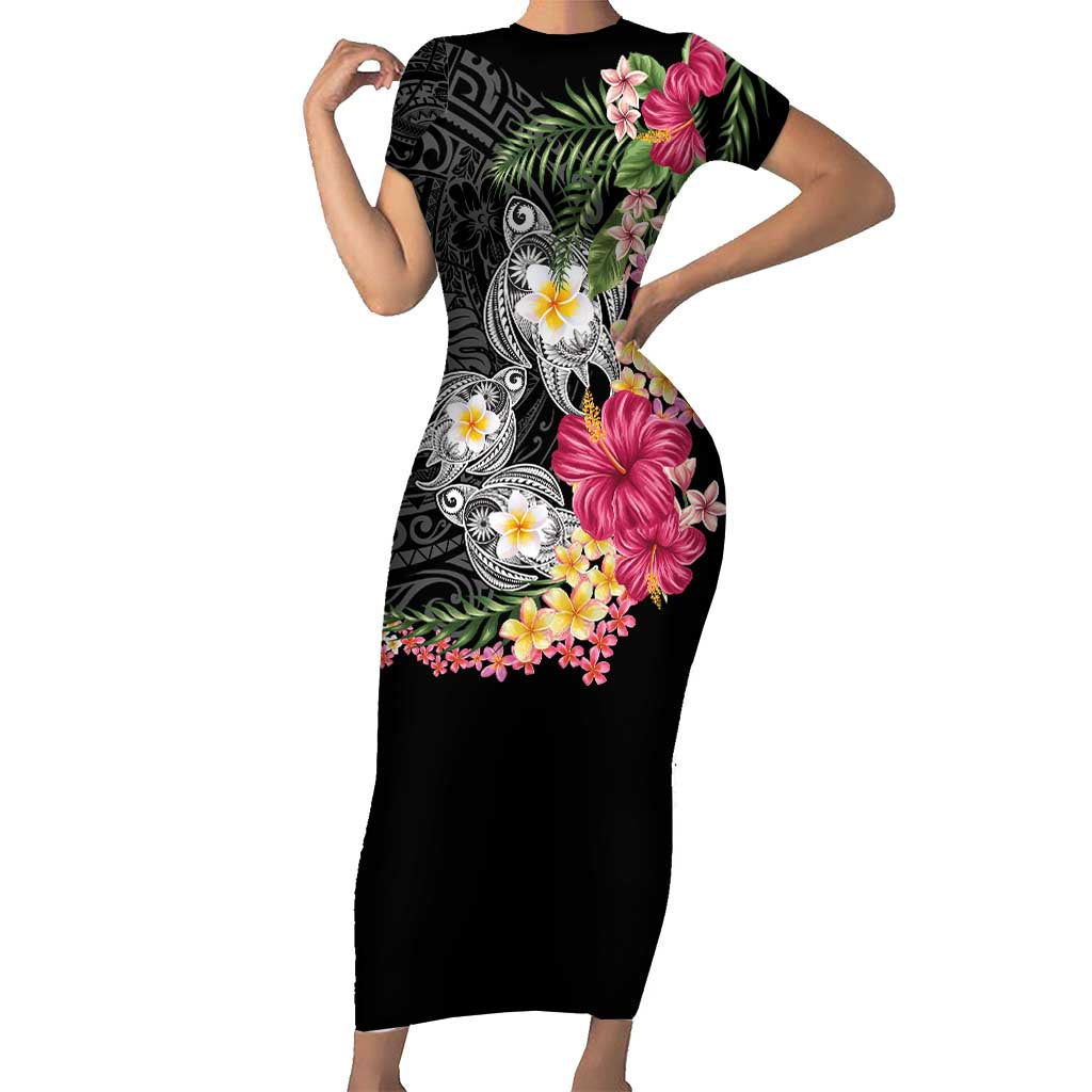 Hawaiian Tropical Flowers and Tribal Turtles Short Sleeve Bodycon Dress Polynesian Art Motifs Black Color LT03 Long Dress Black - Polynesian Pride