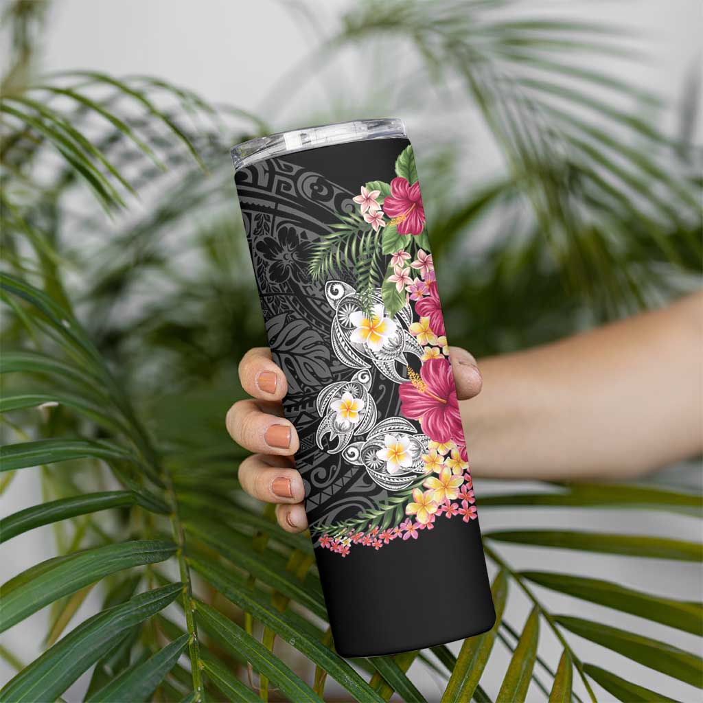 Hawaiian Tropical Flowers and Tribal Turtles Skinny Tumbler Polynesian Art Motifs Black Color LT03 - Polynesian Pride