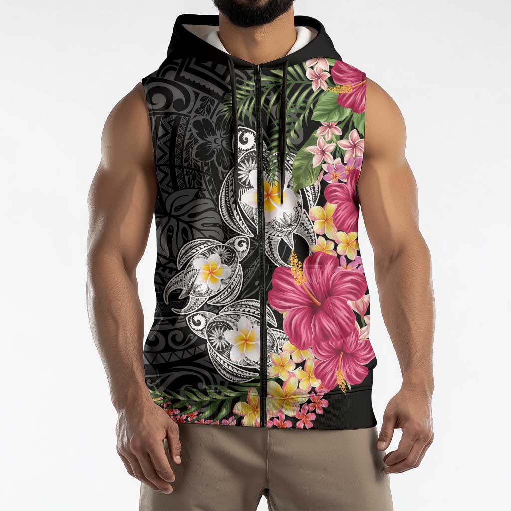 Hawaiian Tropical Flowers and Tribal Turtles Sleeveless Zip Hoodie Polynesian Art Motifs Black Color LT03 - Polynesian Pride