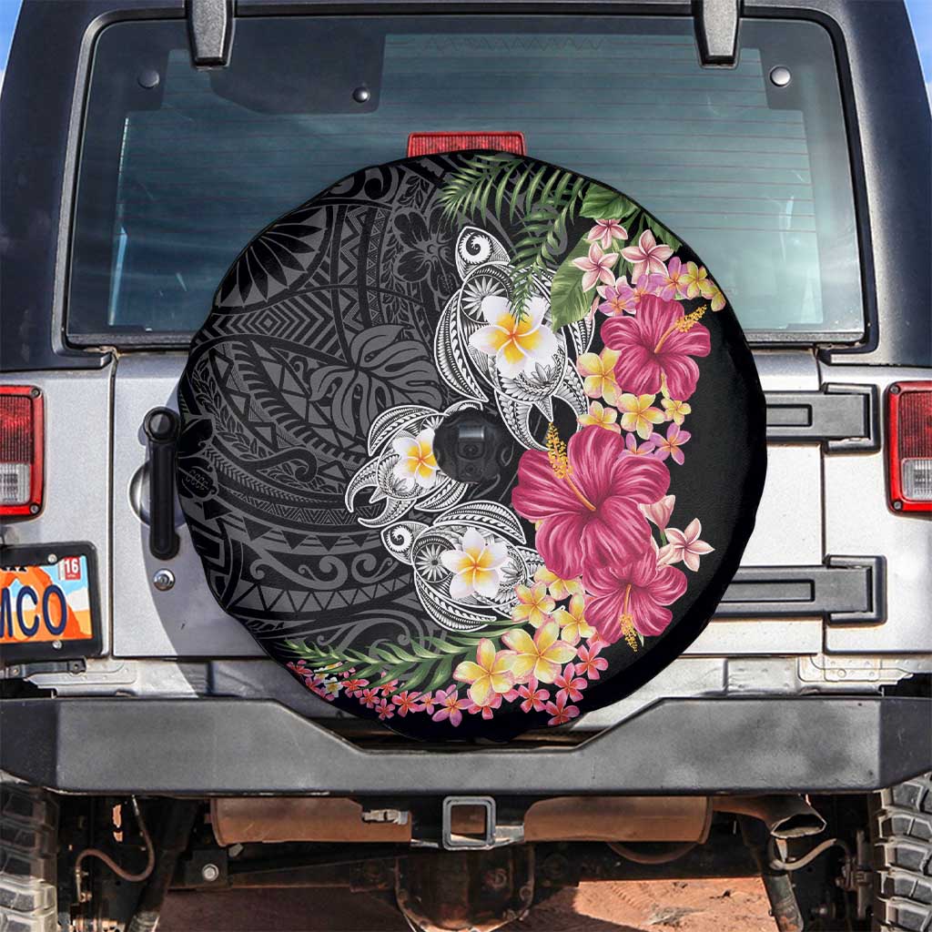 Hawaiian Tropical Flowers and Tribal Turtles Spare Tire Cover Polynesian Art Motifs Black Color LT03 Black - Polynesian Pride