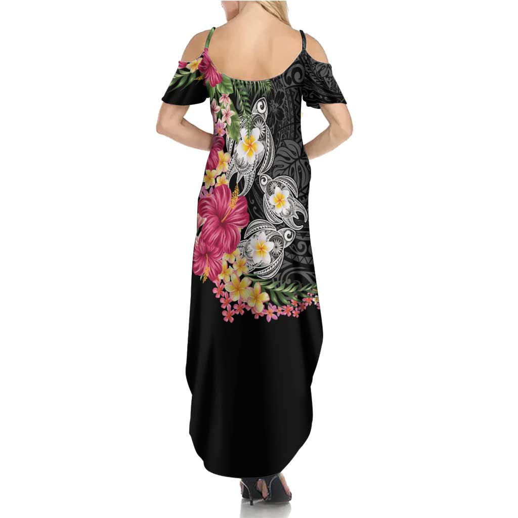 Hawaiian Tropical Flowers and Tribal Turtles Summer Maxi Dress Polynesian Art Motifs Black Color LT03 - Polynesian Pride