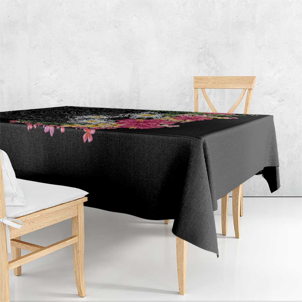Hawaiian Tropical Flowers and Tribal Turtles Tablecloth Polynesian Art Motifs Black Color - Polynesian Pride