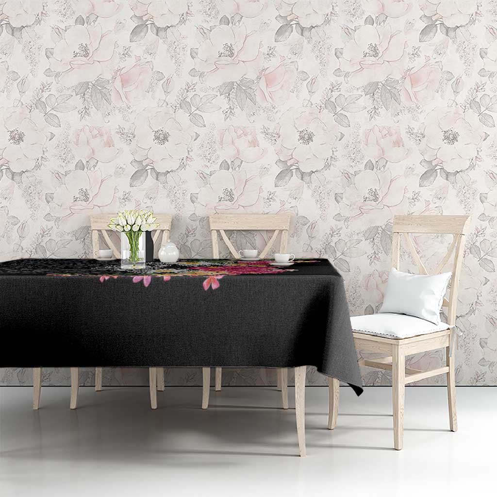 Hawaiian Tropical Flowers and Tribal Turtles Tablecloth Polynesian Art Motifs Black Color - Polynesian Pride