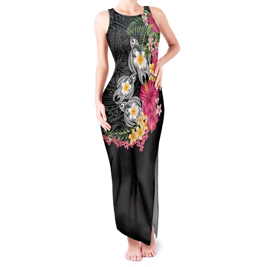 Hawaiian Tropical Flowers and Tribal Turtles Tank Maxi Dress Polynesian Art Motifs Black Color LT03 Women Black - Polynesian Pride
